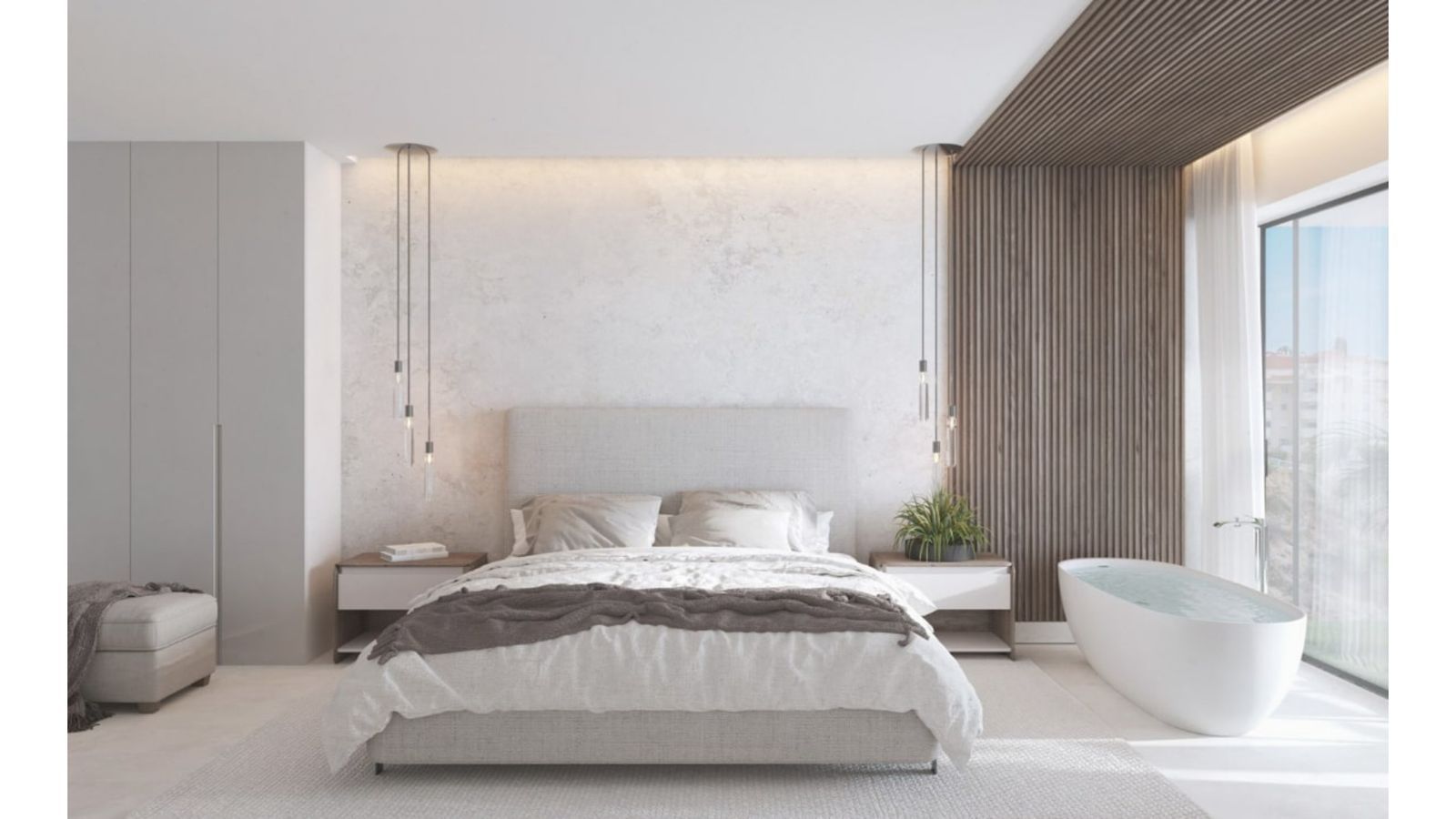 Dormitorio moderno con bañera exenta, grandes ventanales y decoración minimalista de The Kos.